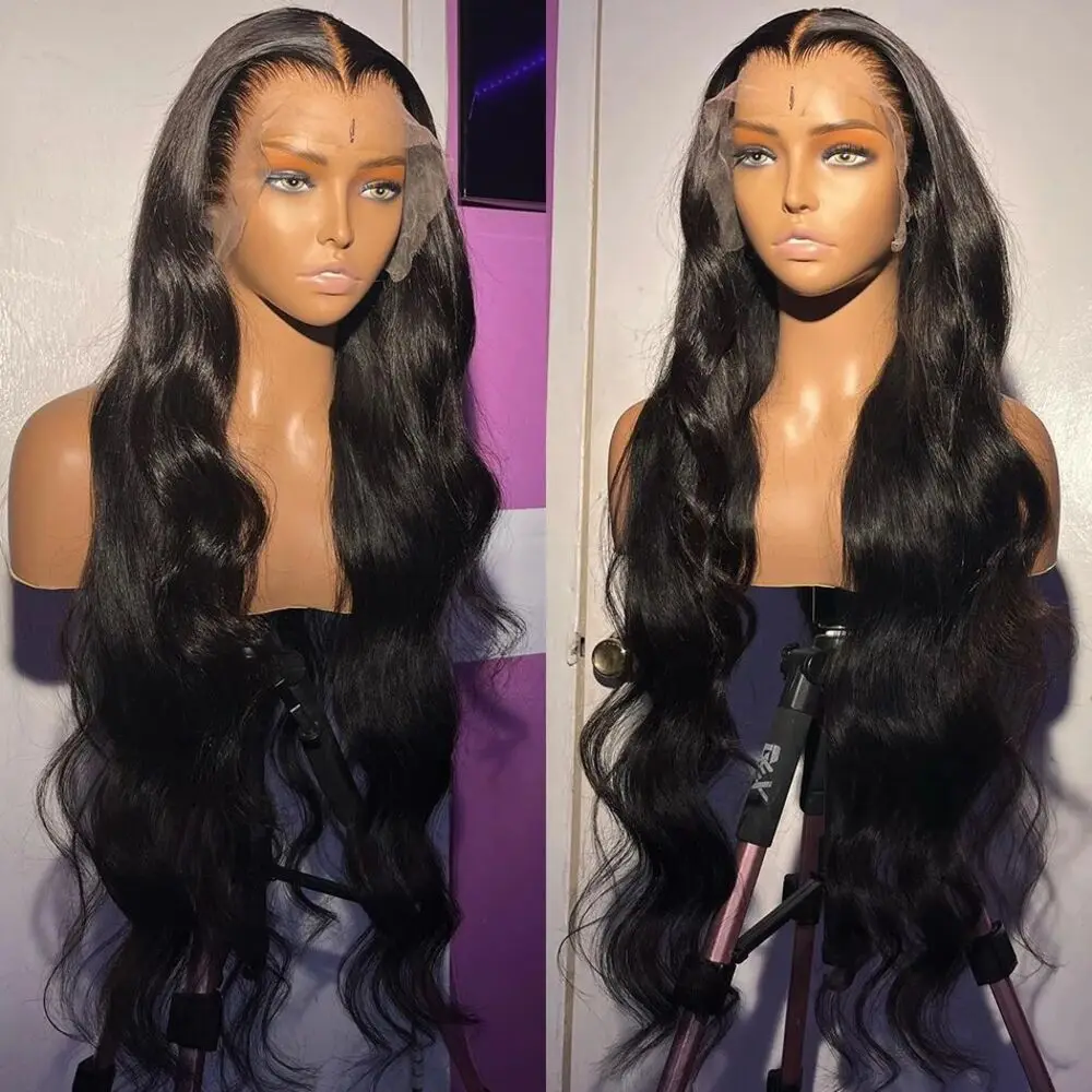 Perruque Body Wave Brésilienne Naturelle Noire de 40 Pouces, Dentelle Transparente HD, 13x6, Haute Densité, 100% Naturelle, pour Femme