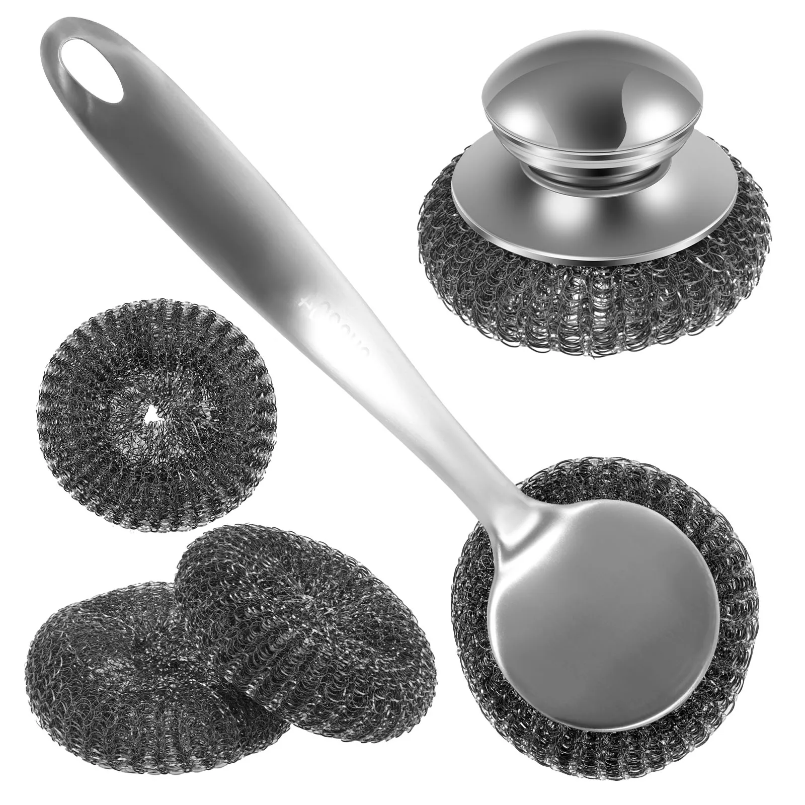 5/10Pcs Steel Wire Ball Pot Brush Long Handle Kitchen Dishes Scrubber Strong Decontamination Rust Removal Utensils Cleaning Tool