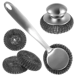 5/10Pcs Steel Wire Ball Pot Brush Long Handle Kitchen Dishes Scrubber Strong Decontamination Rust Removal Utensils Cleaning Tool