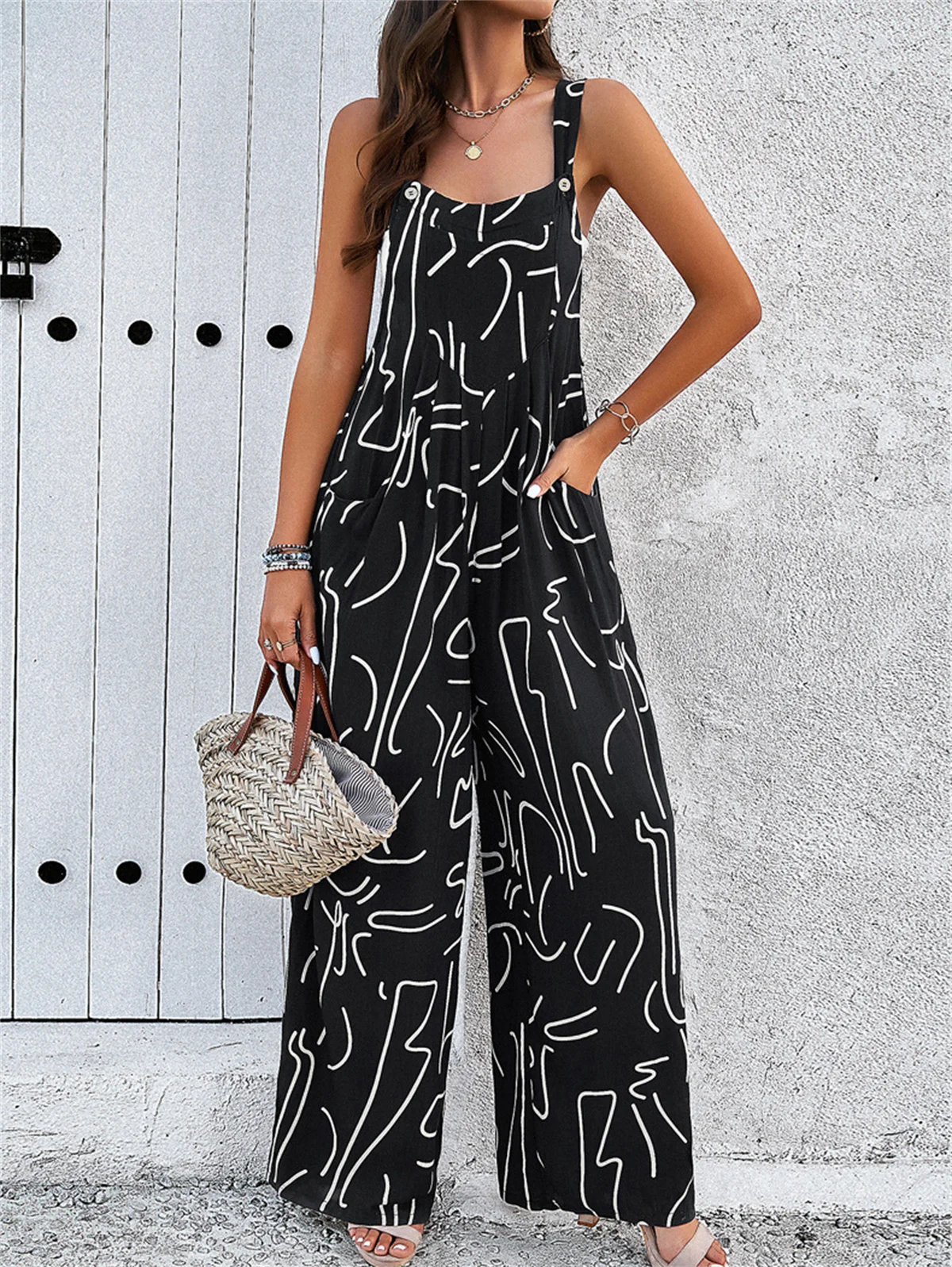 2025 Women's Jumpsuit Summer Loose Casual Print Ladies Sleeveless Streetwear Elegant Rompers Women All-Match Playsuits Jumpsuits