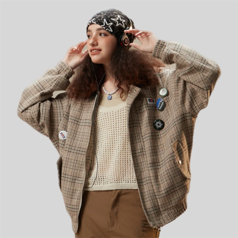 Oversized Plaid Bomber Jacket Women Y2k Street Fashion 2023 Autumn Womens Plaid Jackets Baseball Unisex Luxury Designer Coat Men