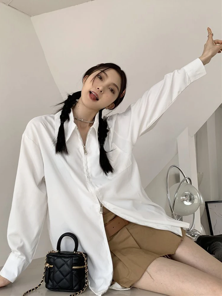 Jmprs décontracté fermeture éclair chemise blanche femmes à manches longues Vintage français Blouse printemps nouvelle femme tout Match conception Simple poche hauts
