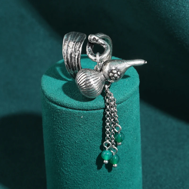 

Silver Color Vintage Large Calabash Green Rings Long Tassel Natural Stone Beads Jewelry Chinese Style Women Charm Birthday Gifts