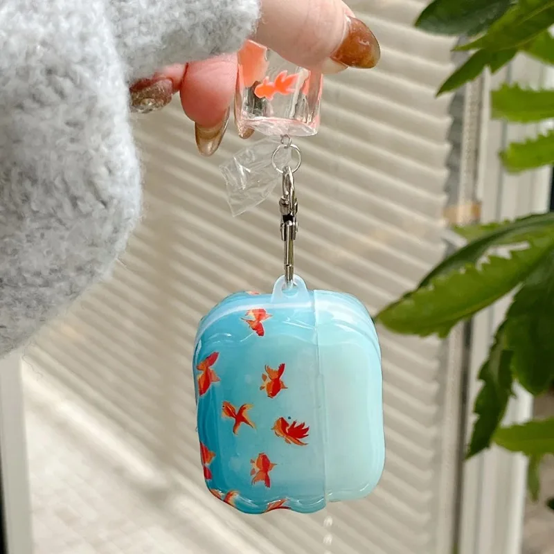 Силиконовый чехол для наушников с рисунком морской синей золотой рыбки для airpods 1, 2, 3, 4 pro 2, защитный чехол, прекрасный кулон с рыбой кои