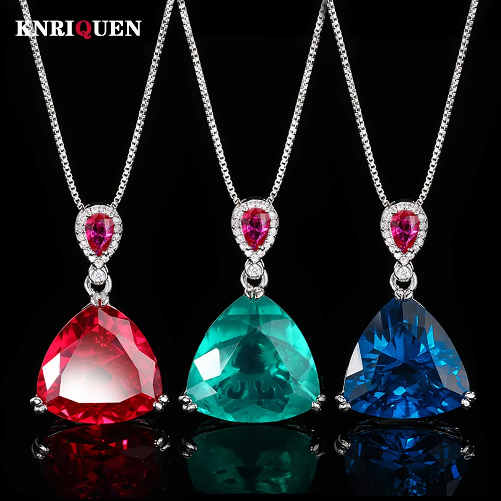 

New Triangle 17*17mm Ruby Sapphire Emerald Big Pendant Necklace for Women Gemstone Cocktail Party Fine Jewelry Gift Accessories