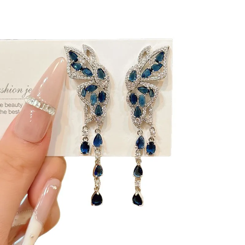 Light Luxury Butterfly Stud Earrings Women Elegant Long Tassel Drop Earrings Niche Bold Statement Fairy Ear Jewelry Party Gift