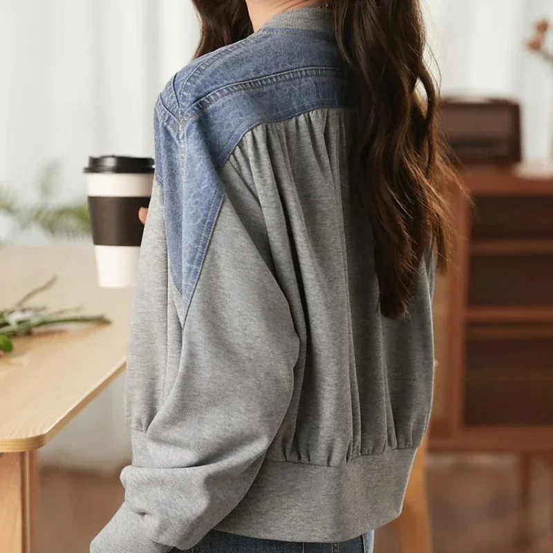 Small Female Jeans Coat Short Crop Women's Denim Jackets Outerwears Grey Patchwork Bomber Spring Autumn 2024 Fashion Designer