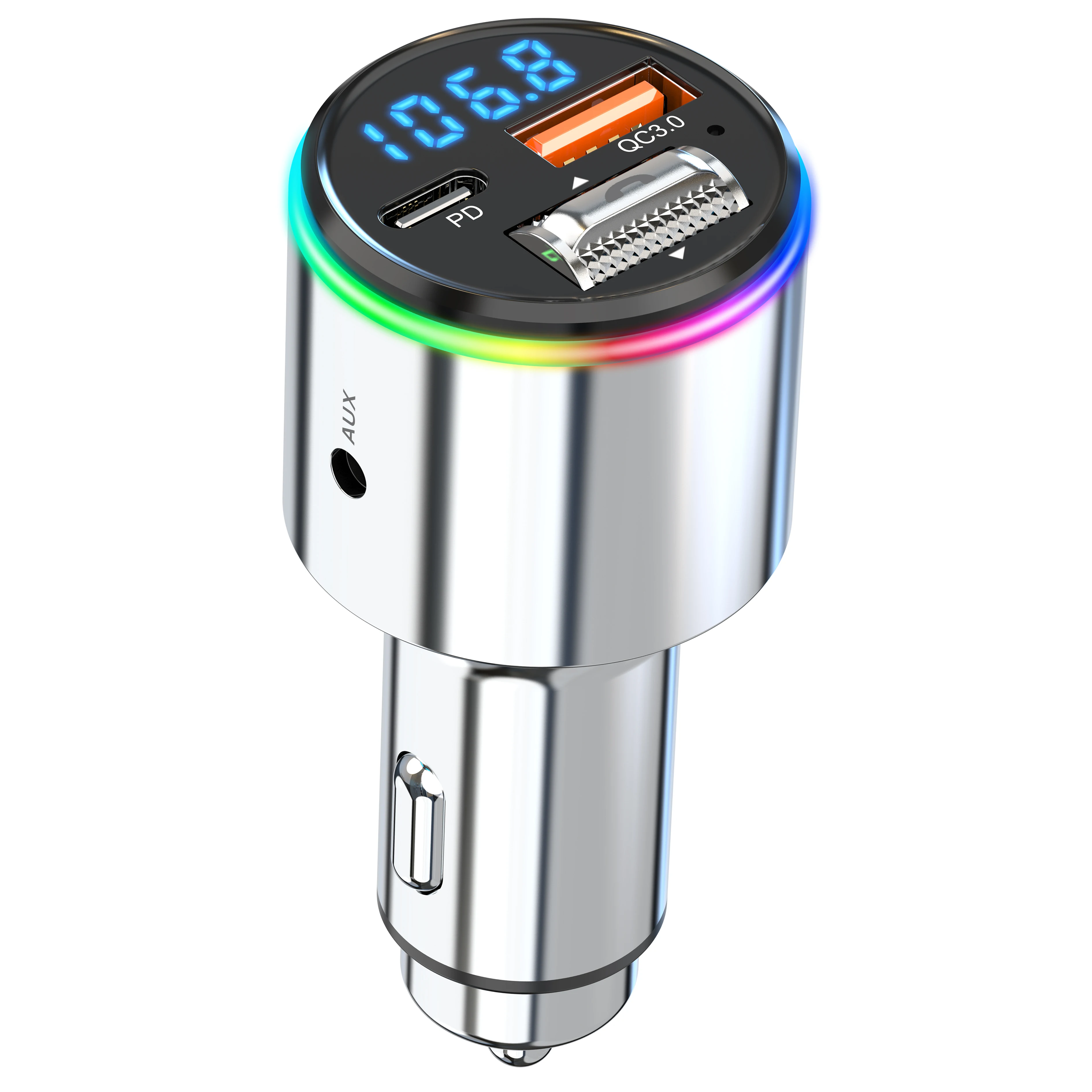Dual Rainbow LED Metal Stereo Cigarette Lighter Charger QC3.0 18W+PD 30W 5.3 FM Transmitter AUX Port Portable USB MP3 Player