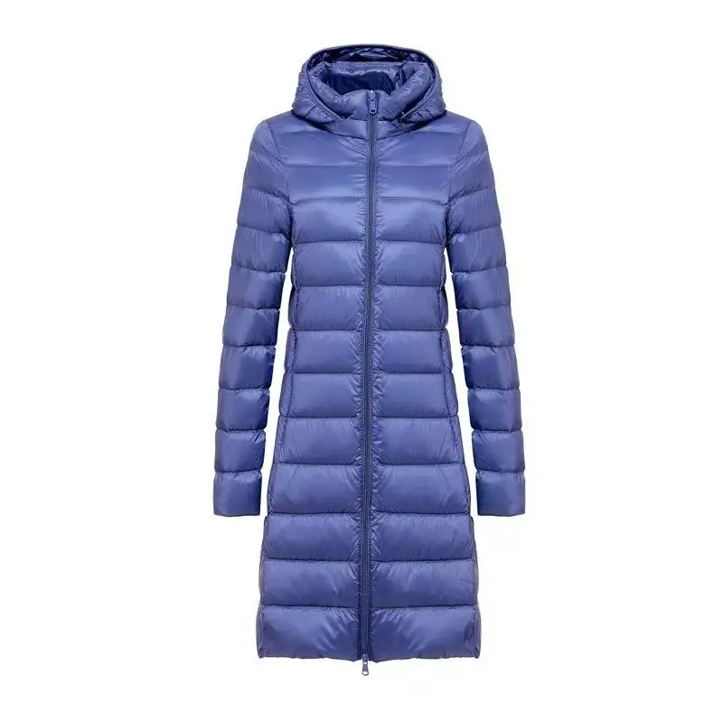 Ultraleichte Daunenjacke für Damen, langer Stil, weiße Ente, weiblich, schmale Passform, abnehmbare Kapuze, tragbar, schmale Passform, Oberbekleidung DJ01