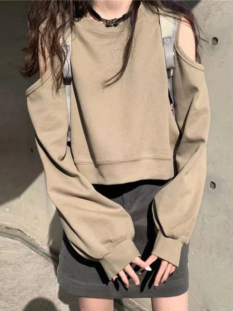 Deeptown Korean Fashion Solid Sweatshirts Women Harajuku Hip Hop Oversized Hoodies Loose Casual Off Shoulder All-match Tops Y2K