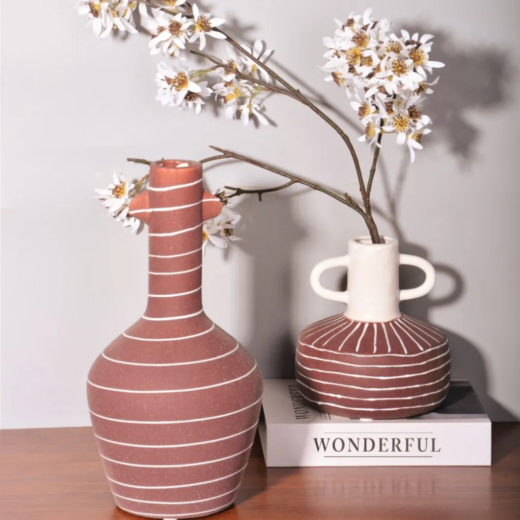 Striped Ceramic Vase Handmade Earthenware Pot Flower Vase Flower Arrangement Accessories Ceramic Handicrafts Home Decoration