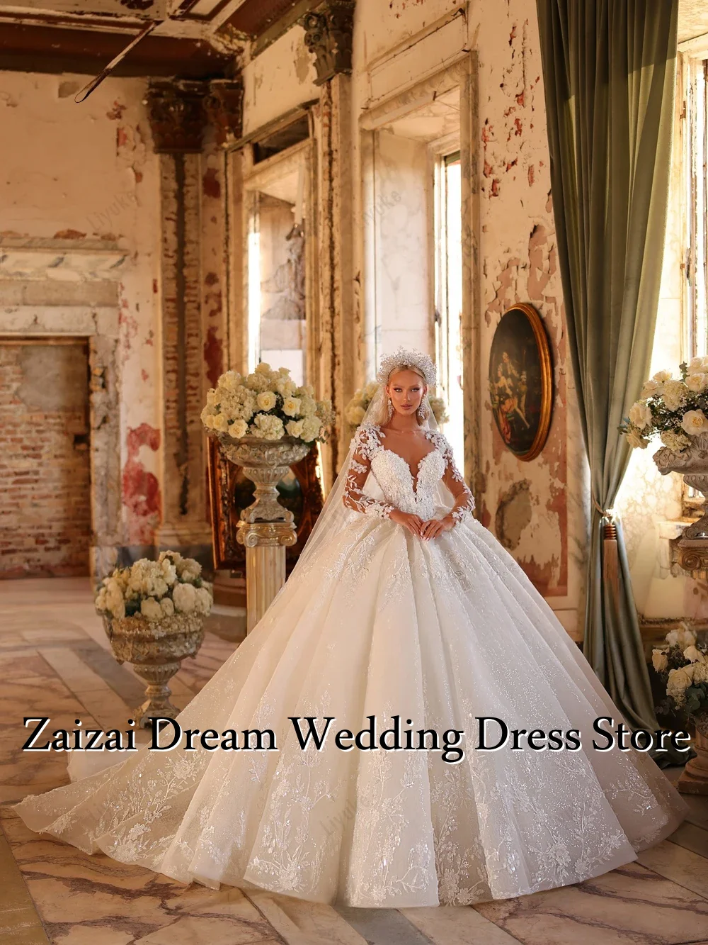 Vestido De novia personalizado De lujo con mangas De ilusión De encaje, vestidos De novia con escote corazón, apliques De perlas, vestido De novia