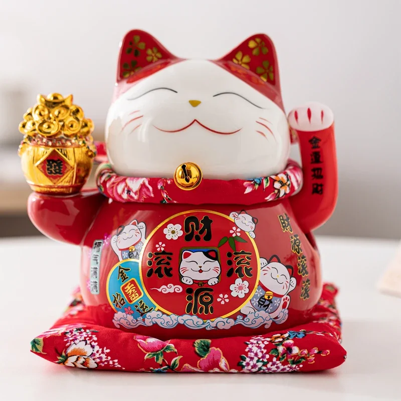 8.35 Inch Ceramic Maneki Neko Ornament Beckoning Cat Red Lucky Cat Waving Hand Fortune Cat Decoration Shop Statue Desktop Figure