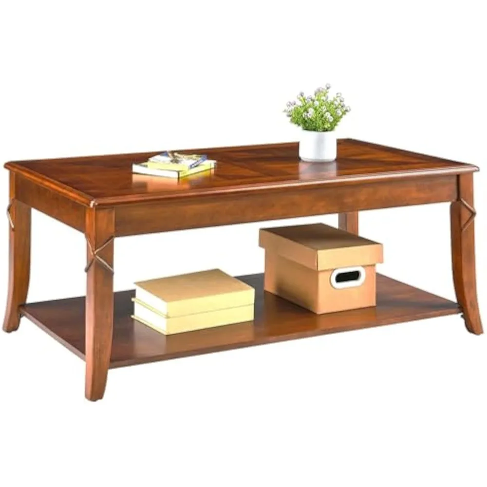 Solid Wood Coffee Table for Living Room, Cherry Cocktail Table with Storage Shelf, Mid Century Queen Anne Style Coffee Tables 4