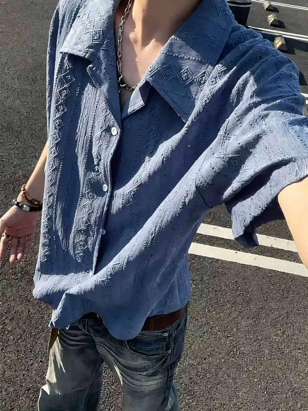 

Blue Hollow out Cuban Collar Shirt Men's Short Sleeve Summer Vacation Wear Breathable Loose Fit Polyester Fiber Casual Shirt
