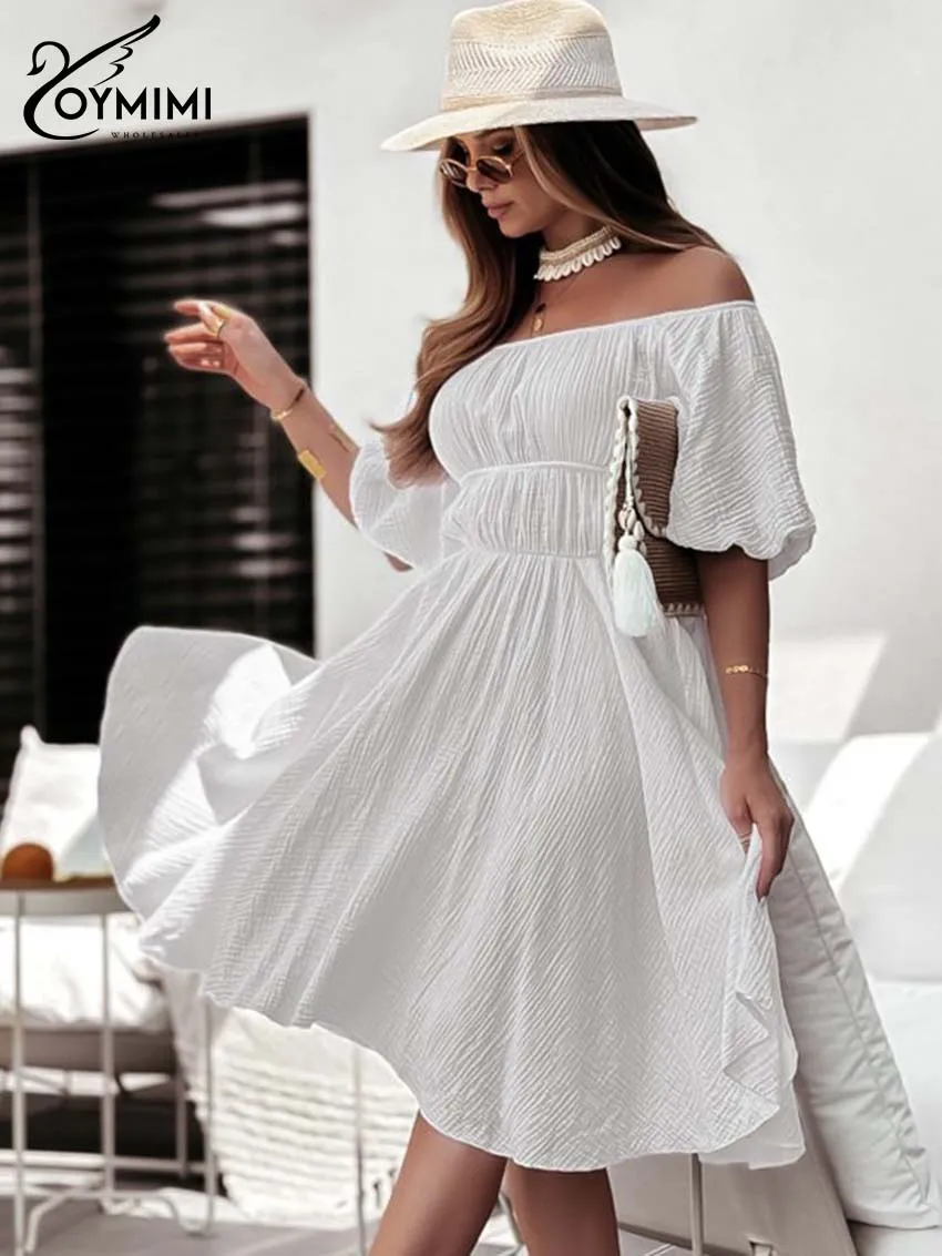 

Oymimi Fashion White Cottton Womens Dresses Elegant Strapless Short Sleeve Solid Dresses Casual New High Waist Loose Mini Dress