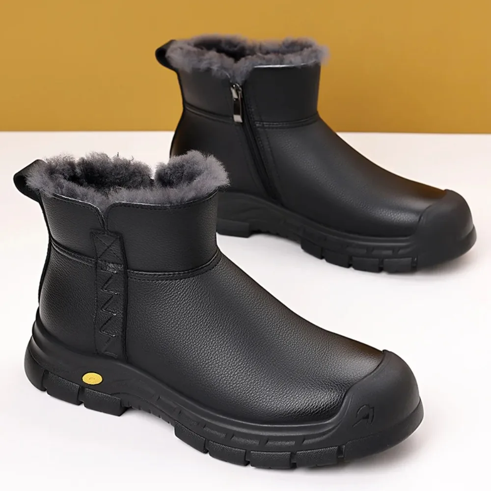 

Men Winter Snow Boots New Style Fleece-Lined Thickened Warm Cotton Shoes One-Piece Genuine Leather Waterproof Warm Cotton Boots