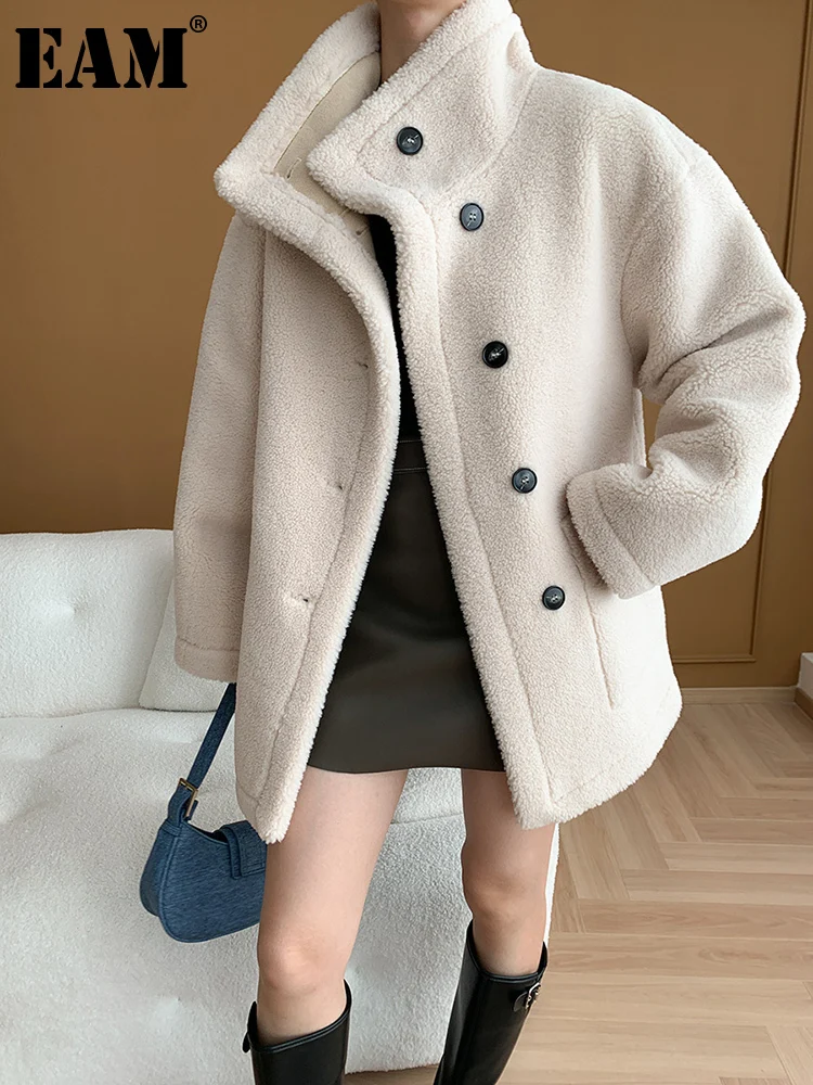 [EAM] Faux Fur Dark Gray Big Size Warm Jacket New Stand Collar Long Sleeve Women Coat Fashion Tide Autumn Winter 2024 1DH7557