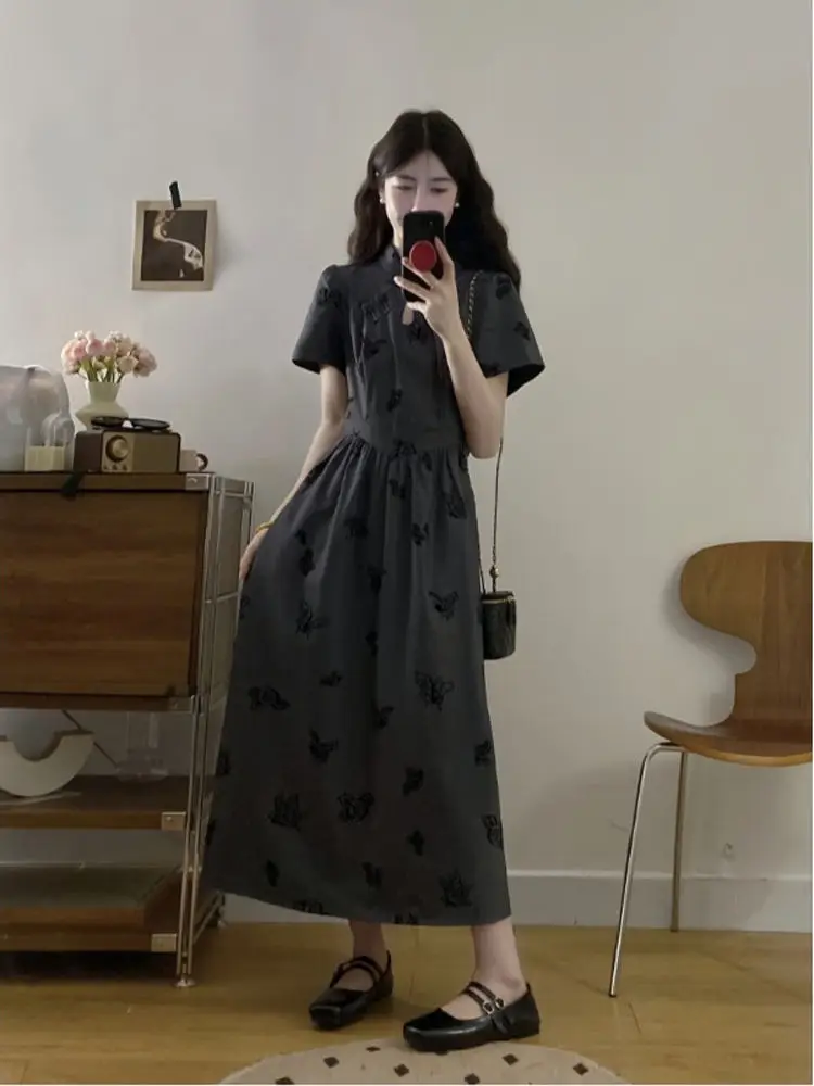 

plus Size Flocking Short Sleeve Dress New Chinese Style A-Line Long Dress Slimming Waist Design Summer New Arrival