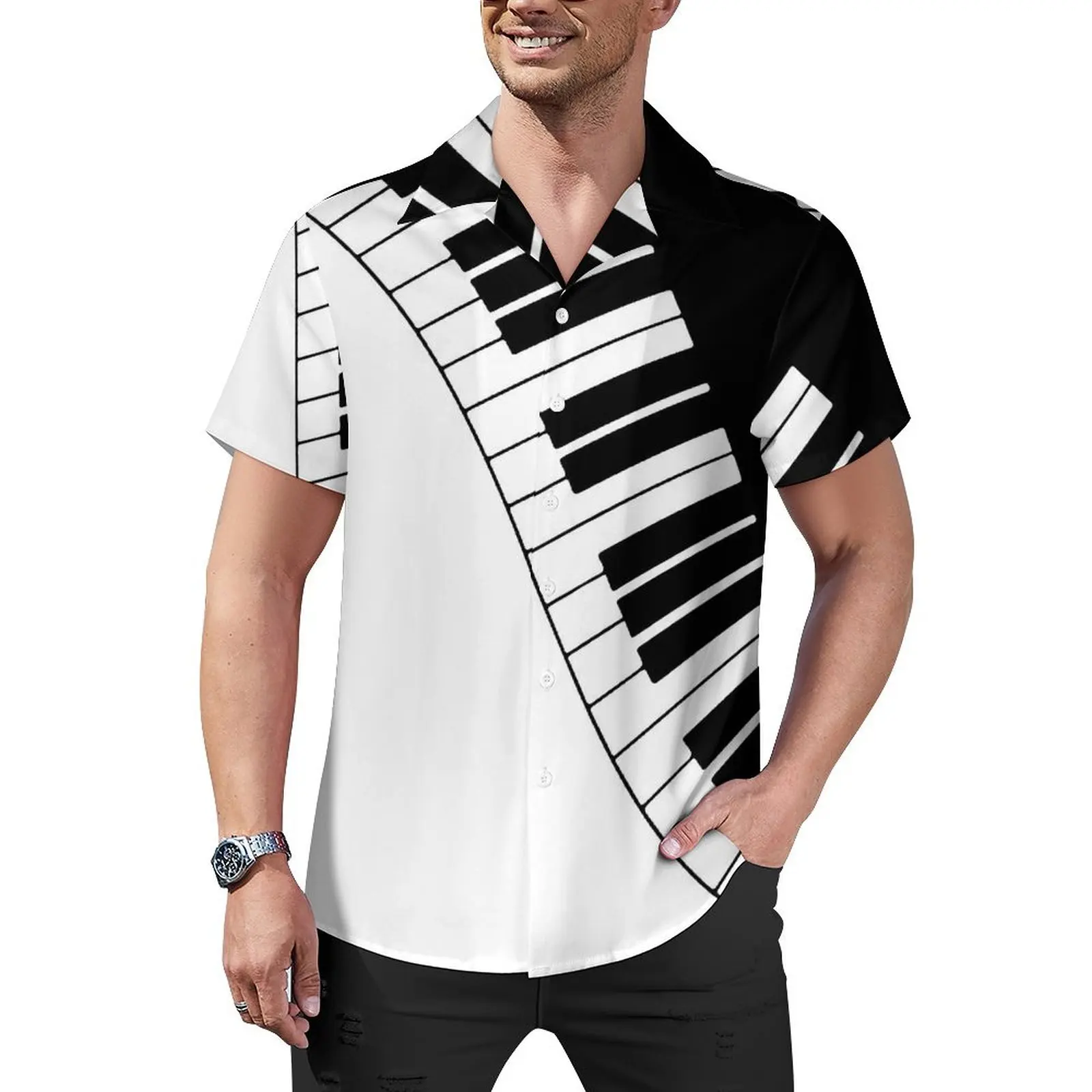 Piano Keyboard Beach Shirt Male Black And White Classic Casual Shirts Hawaiian Short Sleeve Harajuku Plus Size Blouses Gift Idea