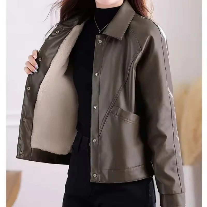

Autumn Winter New Black Short Imitation Leather Jacket Women Coat Fashion PU Leather Jacket Fleece Thick Tops Female Outerwear