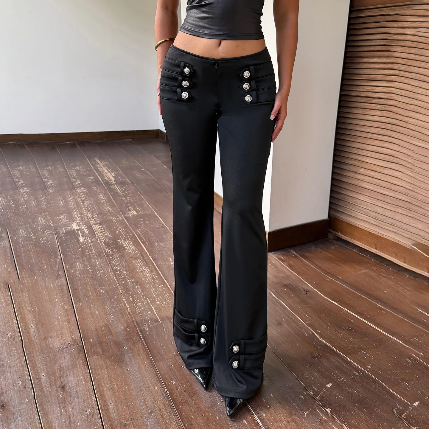 Women Low Waist Button Decor Flared Pants Black Slim Bootcut Trousers Multi Metal Button Detail Bell Bottom Pants Chic New