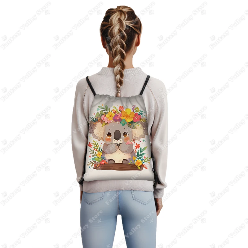 Cute Koala Flower Print Backpacks Cartoon Koalas Animal Drawstring Bag School Bags for Children Shoes Holder Kids Bookbag Gift