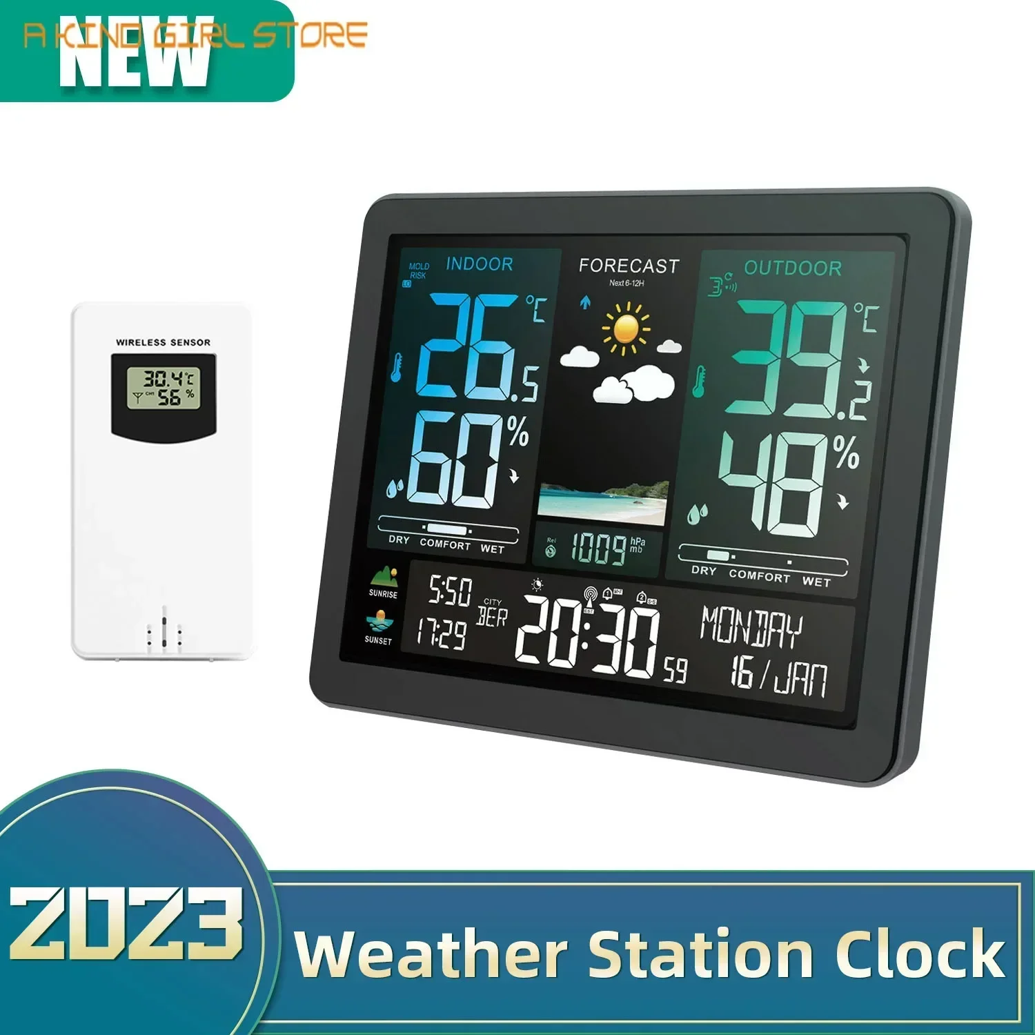 Multifunctional Wireless Weather Station Forecaster Indoor Outdoor Thermometer Hygrometer with Sensor Color Screen Alarm Clock