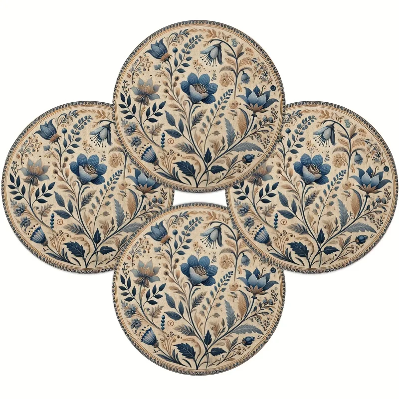 VIKAMA 4-teiliges rundes Tischset, wasserdicht und hitzebeständig, französischblaue Tischsets mit Blumenmuster, rutschfeste Esstischdekoration