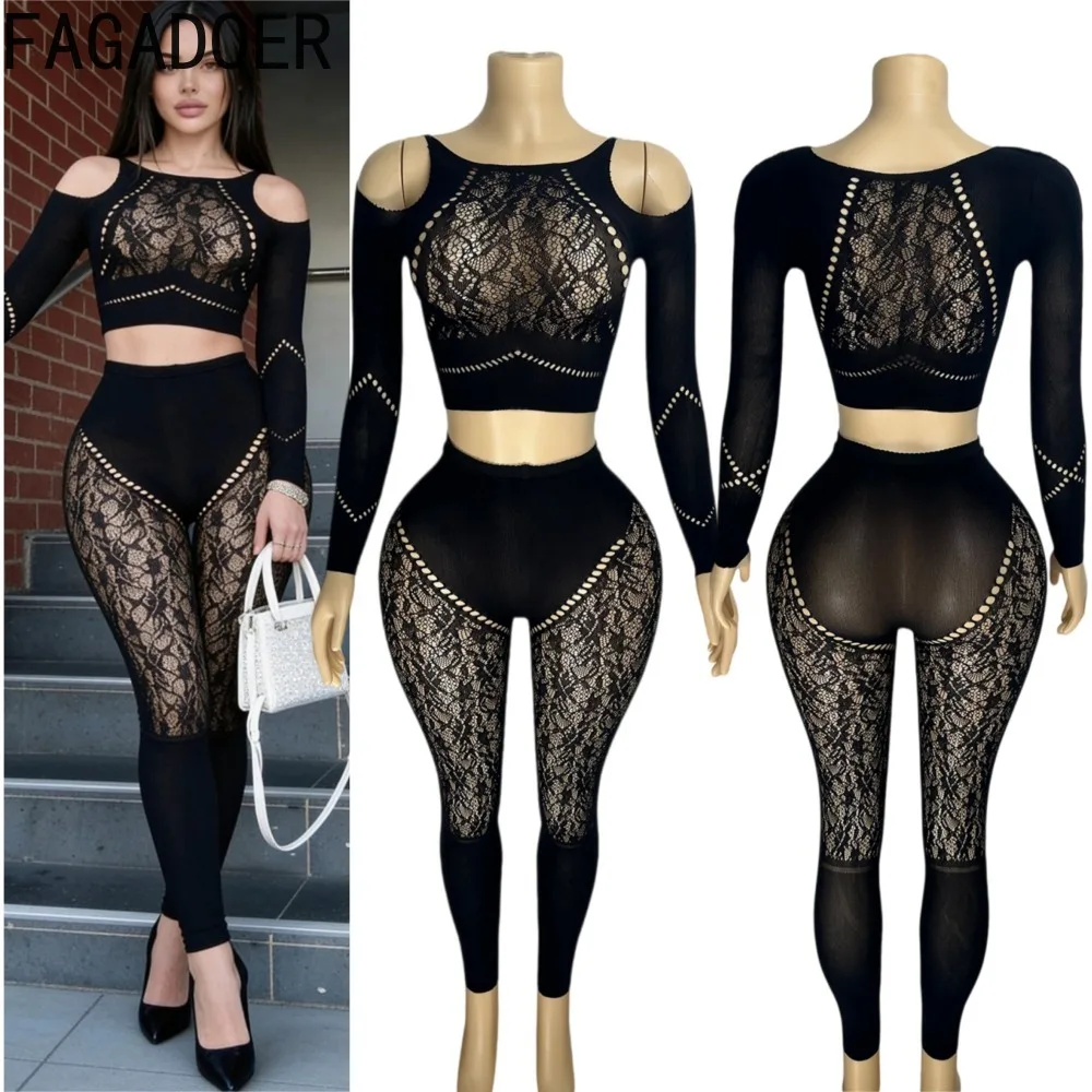 FAGADOERZ Womens Stretch Knit Two Piece Set Black Lace Patchwork Crop Top and Leggings Off Shoulder Long Sleeve Club Outfit New
