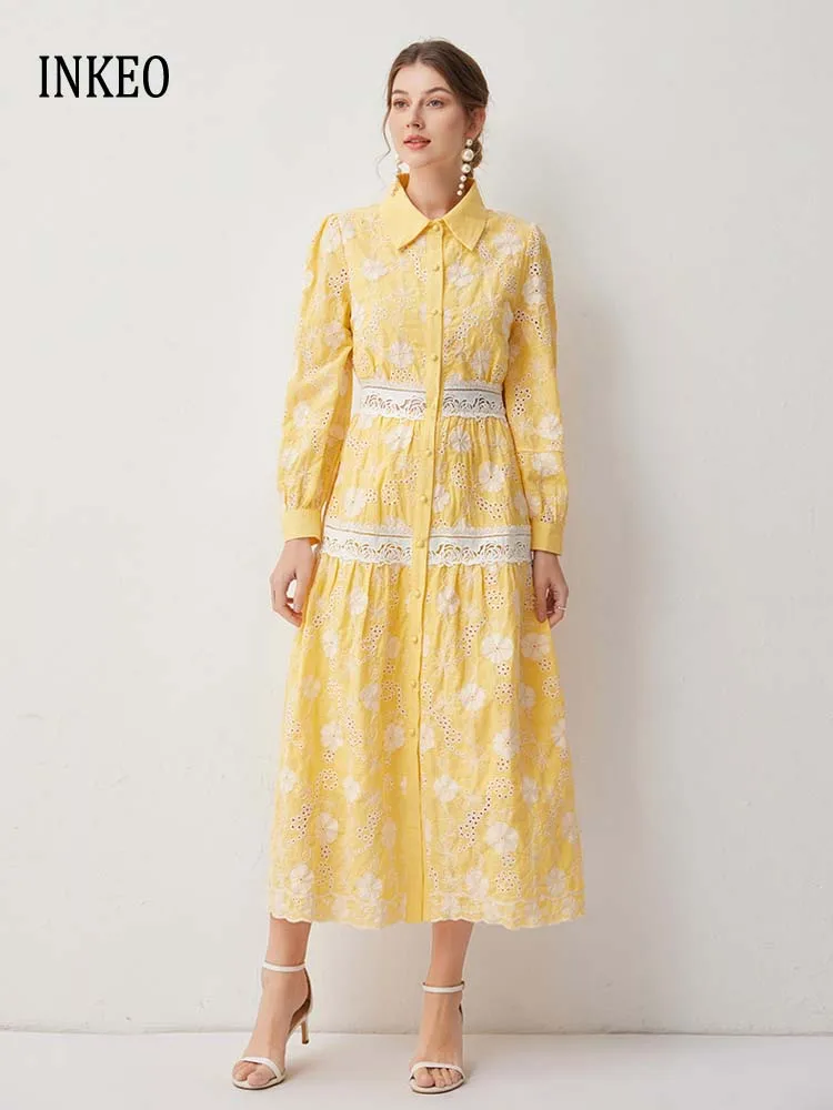 

Luxury Vintage Floral embroidery shirt dress Women's 2025 New Elegant Long sleeve lace patchwork Midi dresses Beach INKEO 5D134
