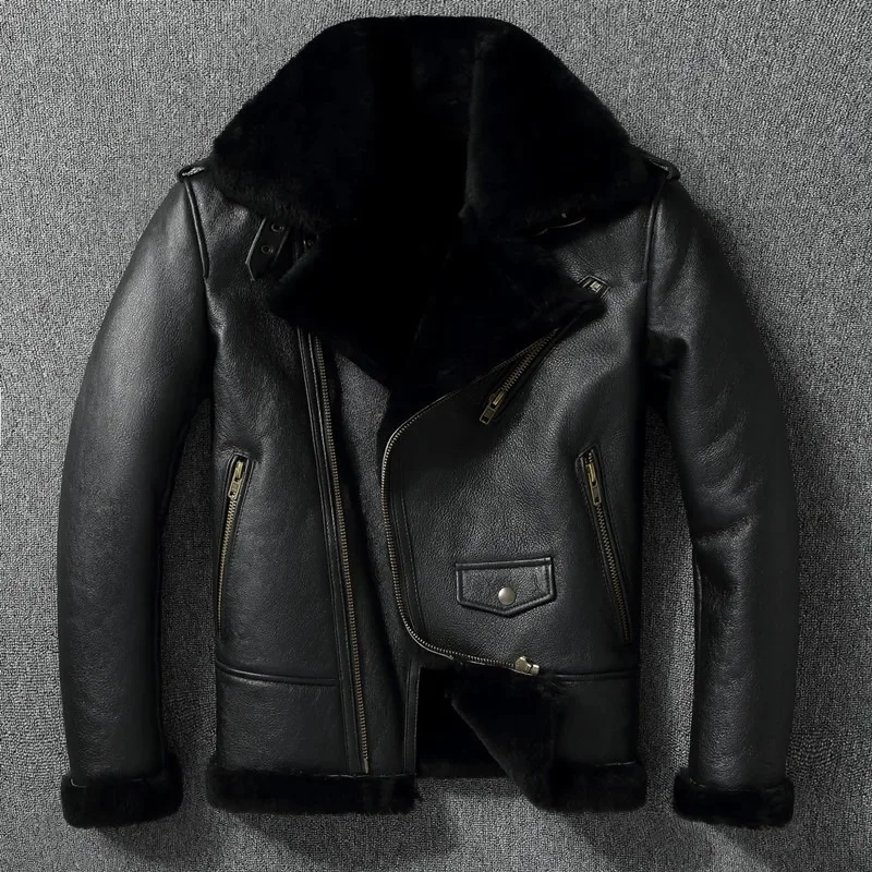 

Warm Thick Genuine Sheepskin Real Fur Shearling Jackets Men Leather Jacket Biker Clothing Coat 2024 New Autumn Winter