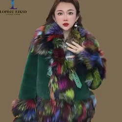 Faux Mink Fur Coat for Women, Covered Button Jackets,England Style Overcoat,Fox Fur Collar, Female Clothes, Winter,New,2024