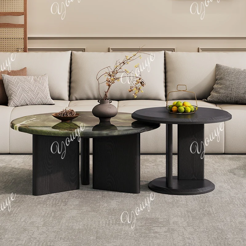 이탈리아 미니멀리스트 스타일 원형 커피 테이블 세트 가정용 소형 아파트 아보카도 그린 대리석 커피 테이블