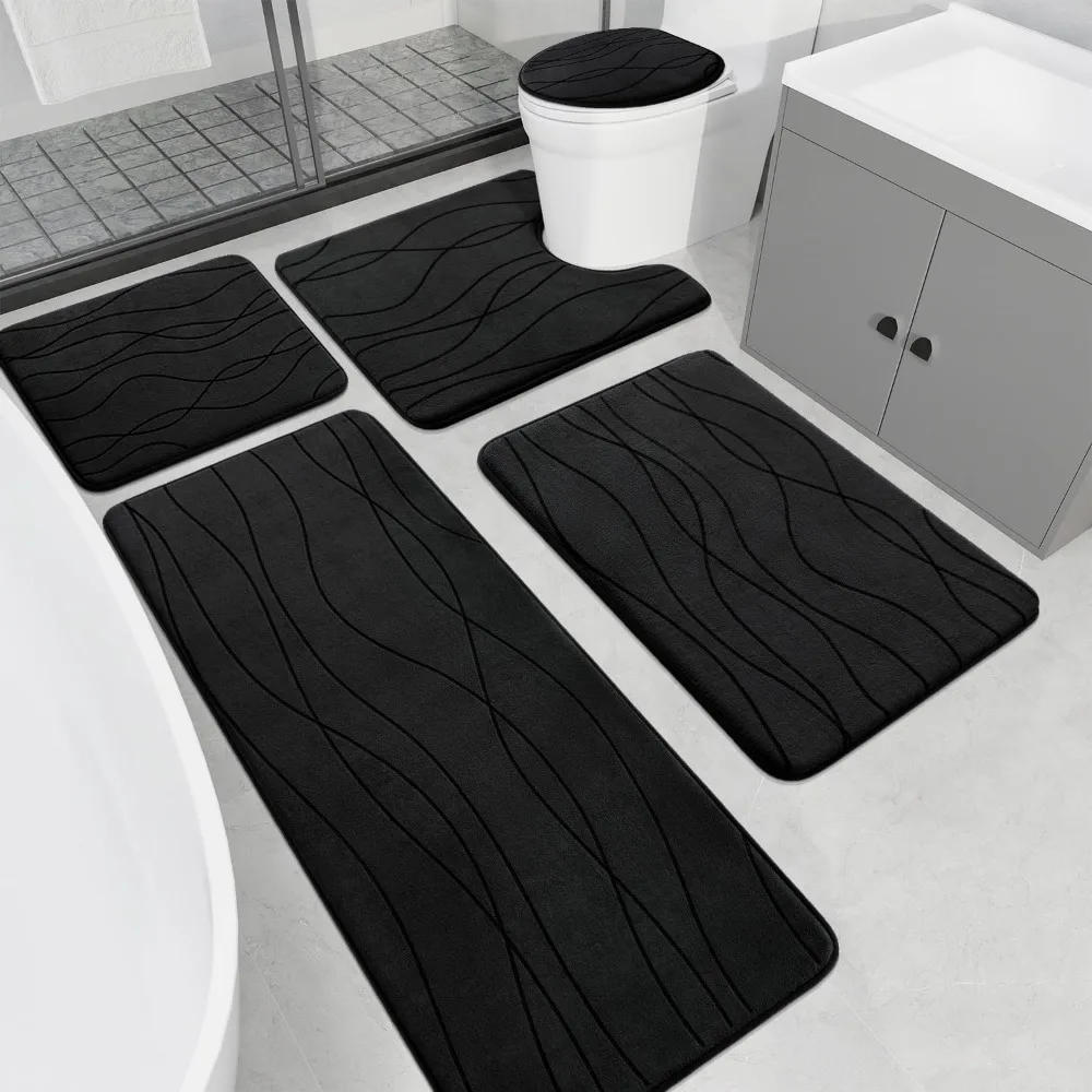 

5-Piece Ultra Absorbent Bath Mat Set, Non-Slip Machine Washable & Quick-Dry, Black Memory Foam Bathroom Rug