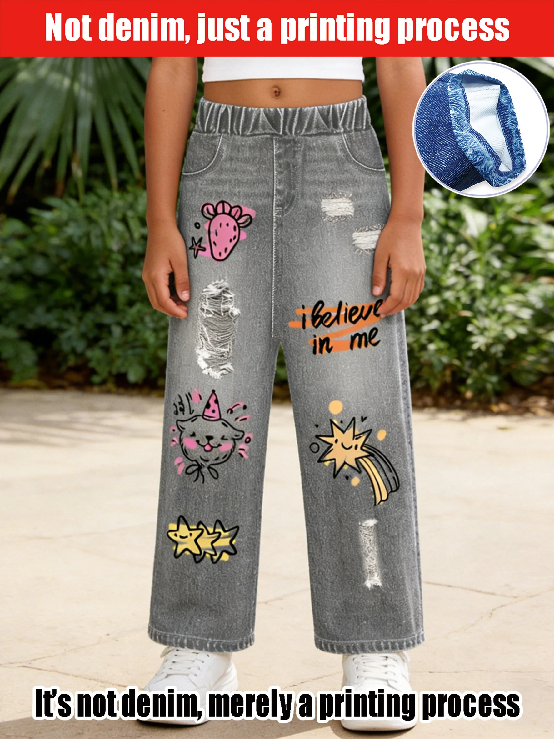 2026 children's gray imitation denim wide-leg pants, old and ripped, sweet vitality girl