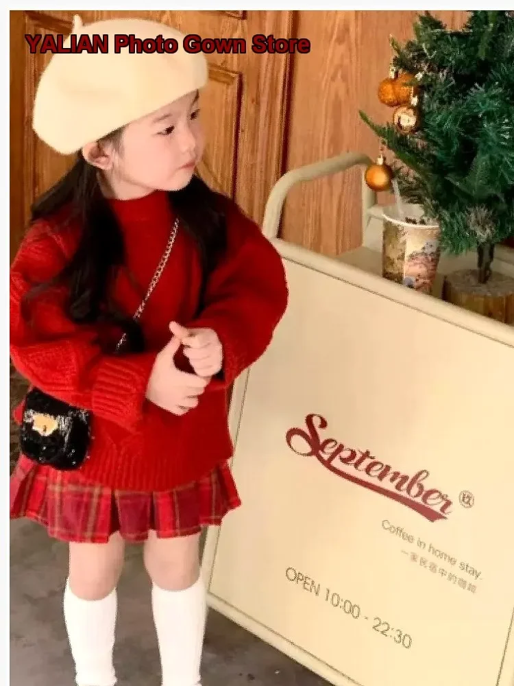 Girls Autumn Winter Knit Pullover Sweater with Cable Pattern Round Neck Kids Pleated Skirt Set for New Year Christmas