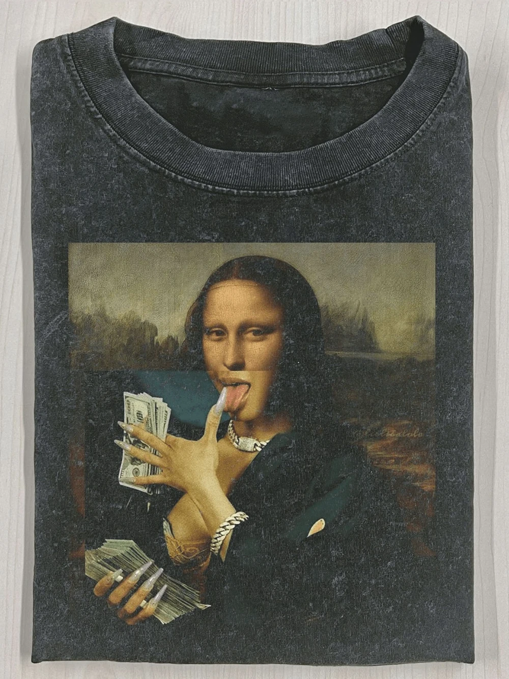 Men's Heavyweight Washed Cotton T-Shirt, Mona Lisa and Fibonacci Sequence Accounting, Retro Print All-Season Casual Shirt