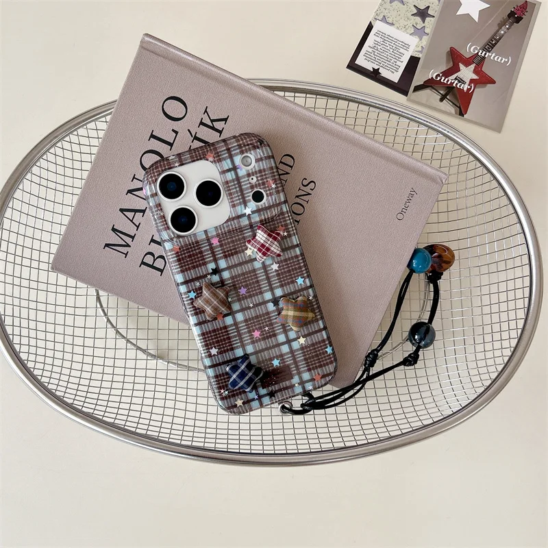 Coreano bonito 3d estrela xadrez padrão caso de telefone para iphone 17 pro 14 15 16 pro max capa com grânulo mão corda casos à prova de choque funda