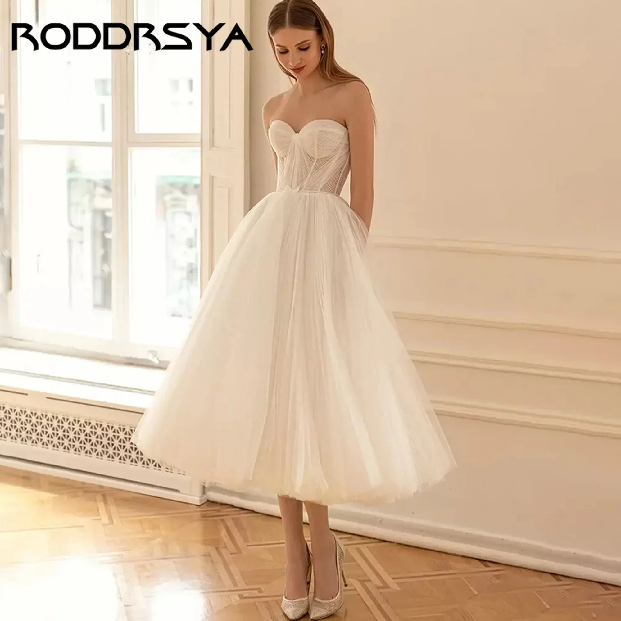 RODDRSYA Tulle Wedding Dress Midi Length Modern A-Line Pleated Bridal Shower dress Sweetheart Neck vestidos de novia Custom Made