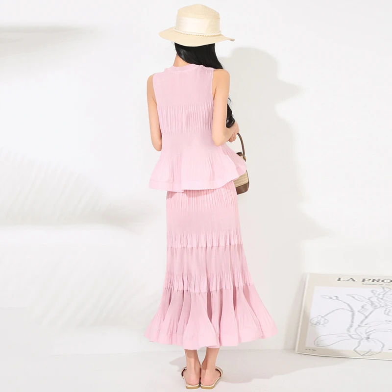 ALSEY Miyake 2025 夏シックな新プリーツファッション女性のセットラウンドネックプリーツベスト + ウエストゴムホルタースカート 2 点セット