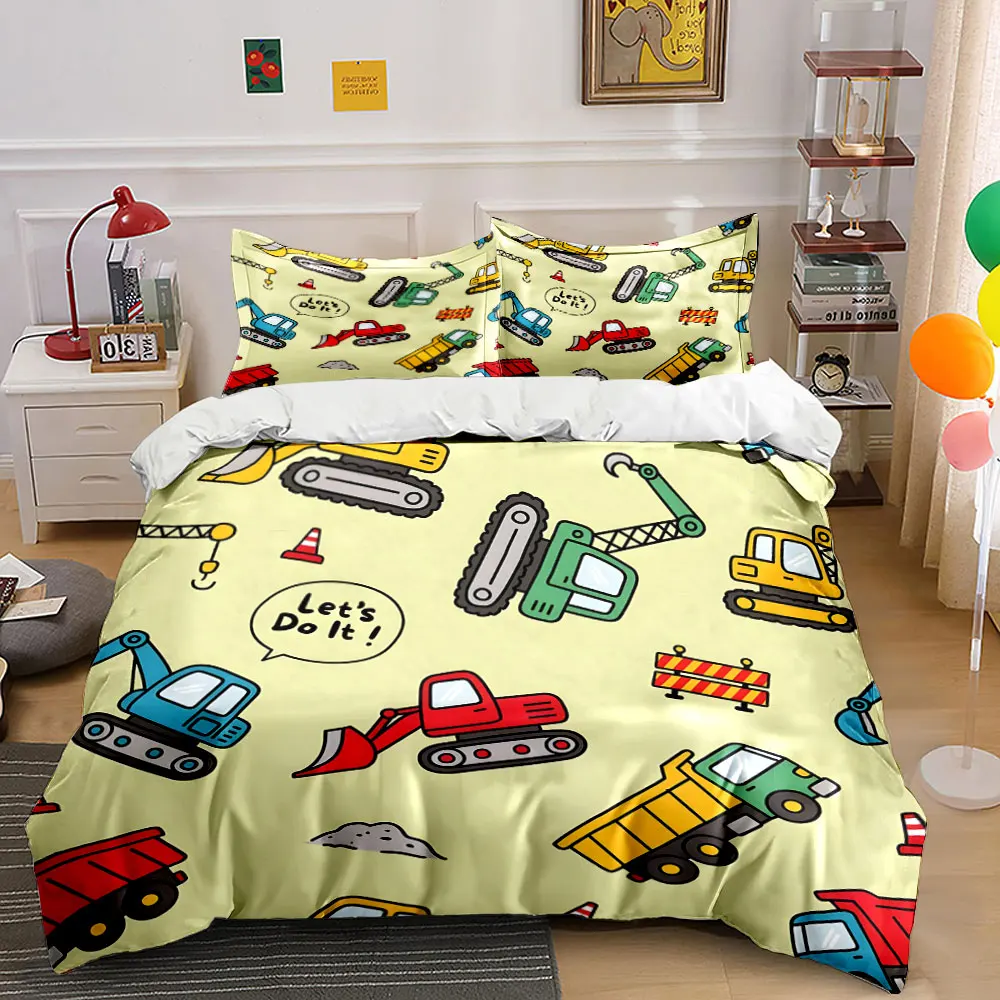Construction Vehicles and Barriers Pattern Print Bedding Set 1 Duvet Cover 2 Pillowcases for Adult and Children Luxury Gift