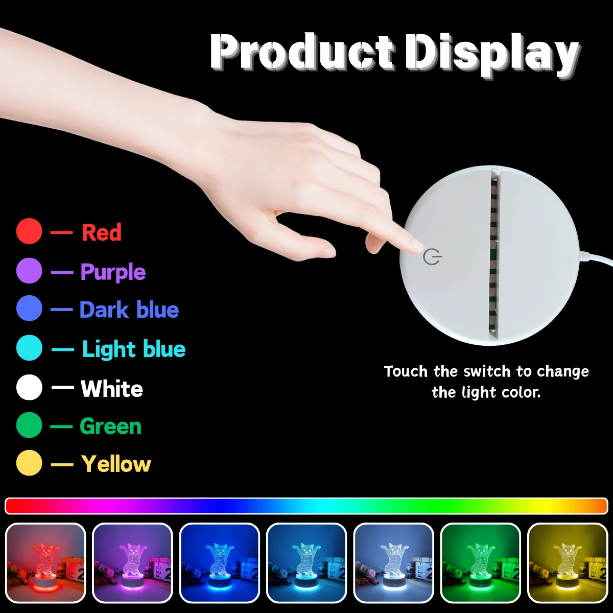 1pc Creative Cute Hand up Kitten 3D Seven Color Gradient Night Light, USB Powered Luminous Base, A Good Ideal Gift.