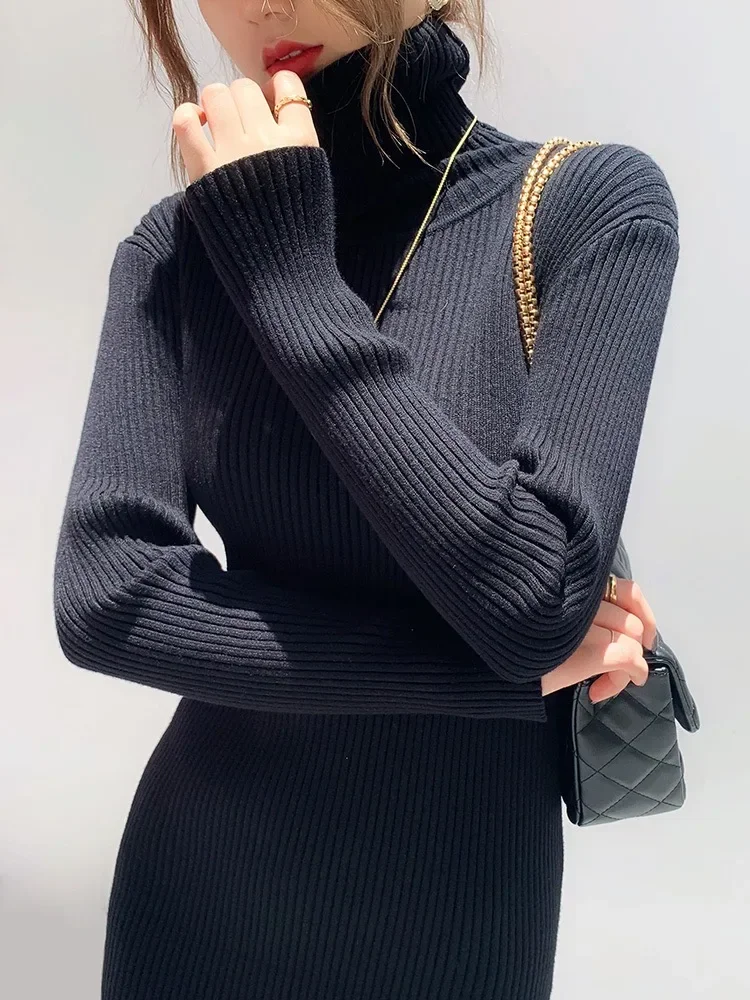 

Slim Turtleneck Mid-length Knitted Dresses Women 2023 Long Sleeve Sweater Dress Korean Fashion Soft Vestidos Bottom Robe F503