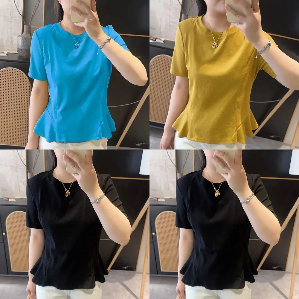Women Cotton Round Neck T Shirt Summer Sale Ruffle Design Plus Size Fashion Short Sleeve Loose Top Versatile Casual Wear
