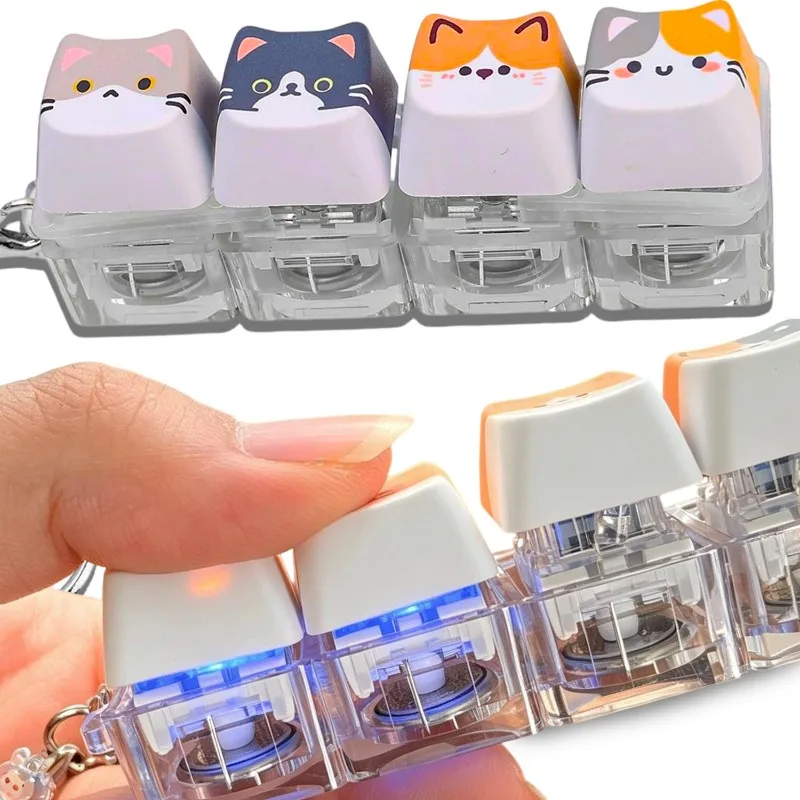 Creative 4 Keys Cat Clicker Keychain Decompression Creative Backpack Pendants Kawaii 4 Keys Cat Mechanical Keyboard Keyring