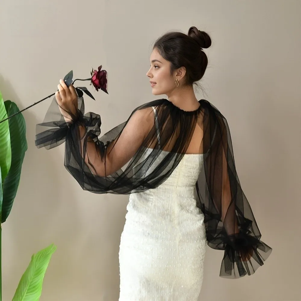 

Long Puff Sleeve Half Top Blouse Lightweight Ruffled Design False Collar Solid-colored Soft Detachable Collar Daily Outfit