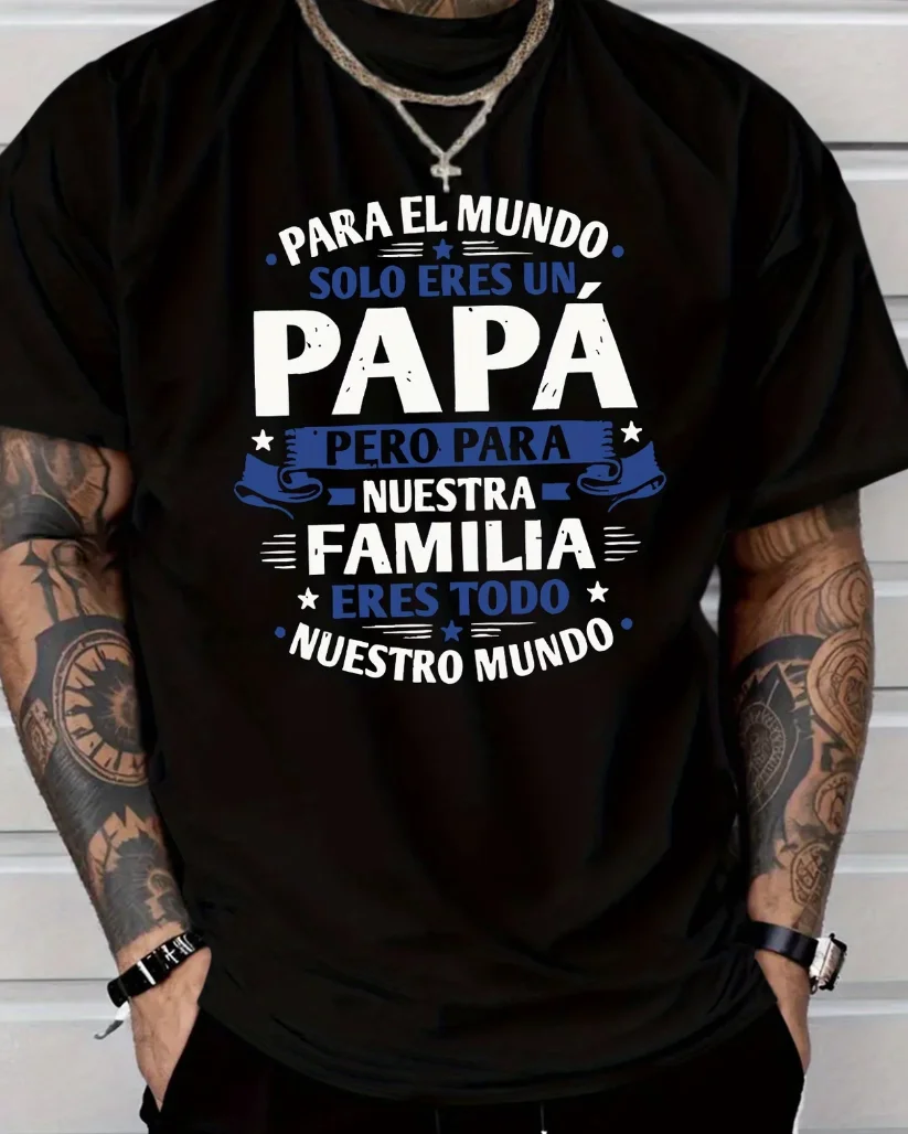 Men'S Casual Fashion Style Short-Sleeved T-Shirt Dad Is Our World Letter Regular Fit Round Neck Elastic Summer Fashion T-Shirt