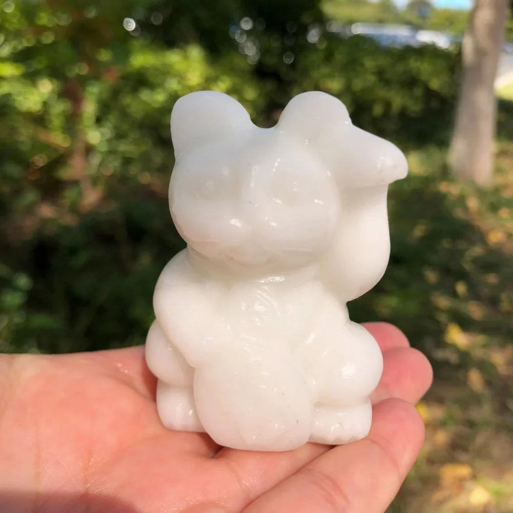 2pcs Natural White Jade Crystal Lucky Cat Maneki Neko Raised Paw Carving Figurine Reiki Healing Home Decor Gift