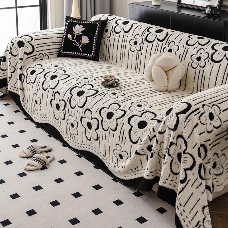 Irregular Lace Trim Sofa Cover One-Piece Full Coverage Dust Proof Plush Jacquard Floral Slipcovers Armchair Recliner Seat Covers
